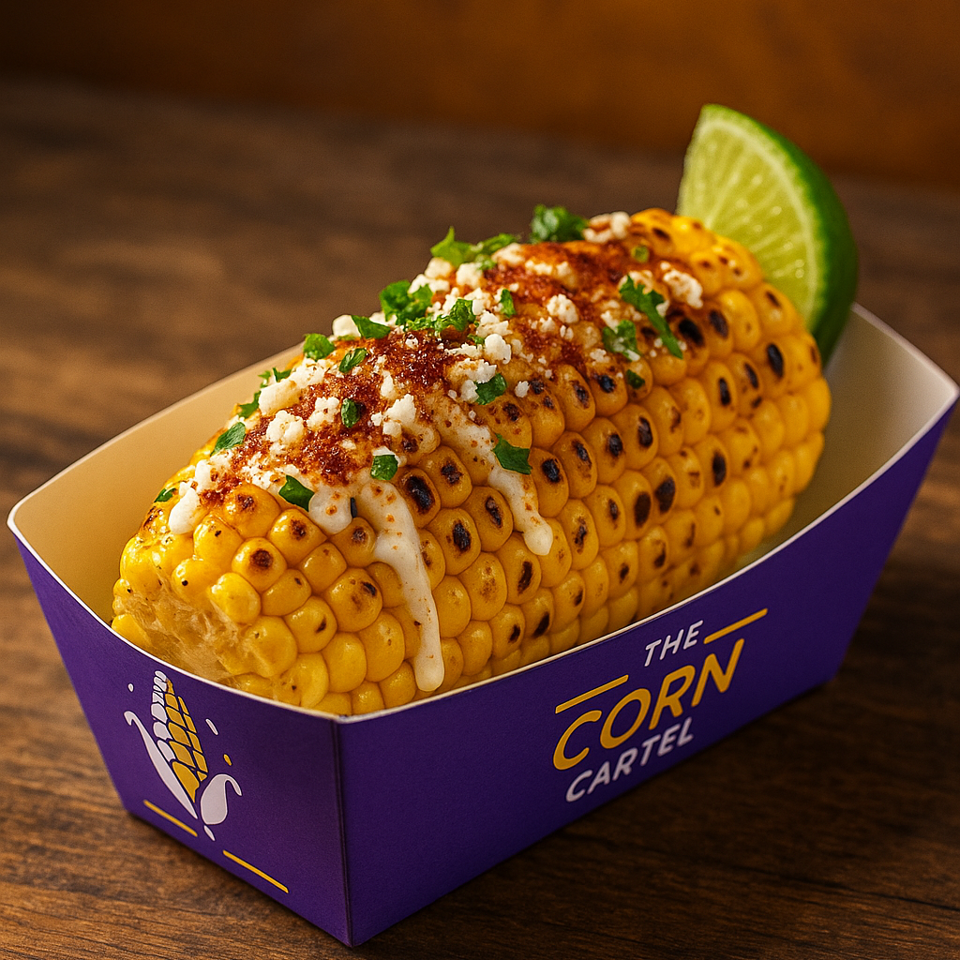 Grilled Mexican street corn topped with creamy sauce, cotija cheese, herbs, and chili seasoning in a purple Corn Cartel tray.