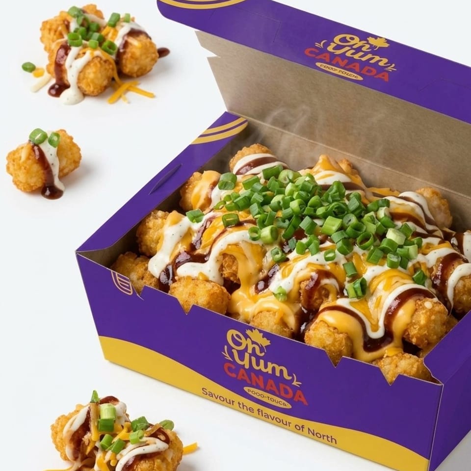 Open purple On Yum Canada box filled with golden tater bites topped with cheese, sauces, and green onions, surrounded by extra bites.